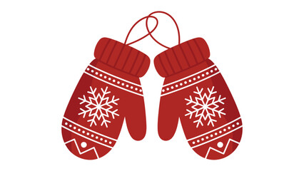 Cozy Winter Mittens: A pair of vibrant red mittens, adorned with intricate snowflake patterns, hangs together, creating a cozy and inviting scene of winter warmth.