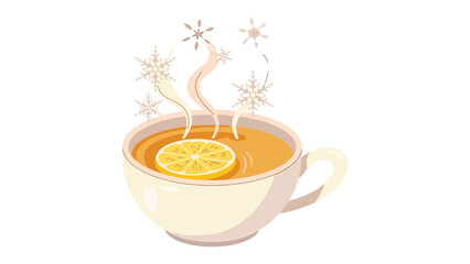 Winter's Embrace: A soothing cup of tea infused with a vibrant lemon slice. Delicate snowflakes dance above, creating a warm, inviting atmosphere, perfect for a cozy winter day.