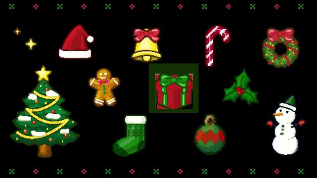 Cute 8bit Retro Christmas Icons Animation Transparent Background Seamless Loop
