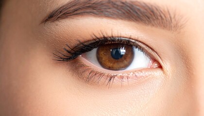 Obraz premium Close-up of a beautiful brown eye with long eyelashes, showcasing detailed human vision and natural beauty.