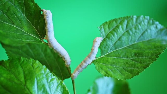 Two silkworms eating mulberry leaves