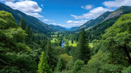 Fototapeta premium Expansive Lush Green Valley Surrounded By Majestic Rocky Mountains Under A Clear Blue Sky With Fluffy White Clouds And Dense Evergreen Forest In The Foreground