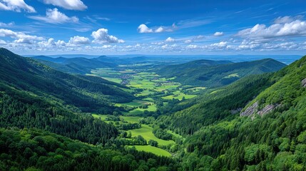 Obraz premium Expansive Verdant Valley Landscape Under a Blue Sky with White Clouds and Lush Green Forests and Fields Below