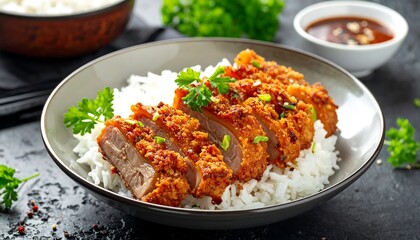 Fototapeta premium Delicious Crispy Fried Duck Breast Slices Served Over Fluffy White Rice.