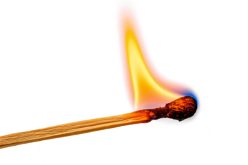 burning matchstick with flame on white background.