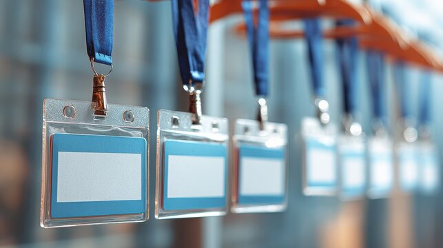 Collection of blank name badges hanging in conference area for attendees during event registration