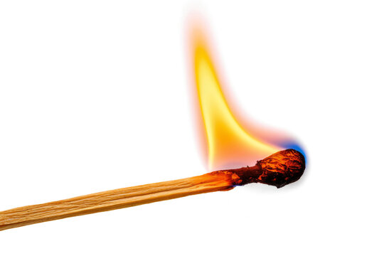 burning matchstick with flame on white background.