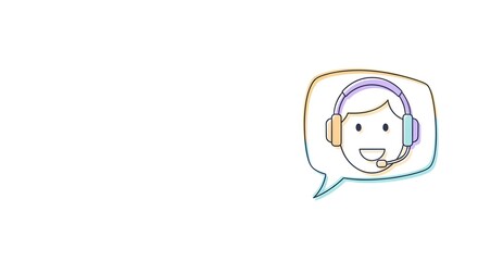 Obraz premium Colorful line art illustration of a friendly customer service agent with a headset inside a speech bubble, symbolizing online assistance, communication, and professional support