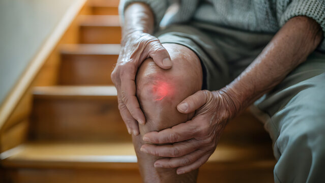 Senior person holding painful knee on stairs, elderly man with joint pain, red glow on skin, arthritis concept, chronic health issue, old age.