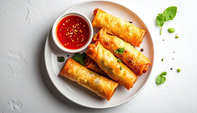 Golden Fried Spring Rolls With Chili Sauce Served on White Plate With Cilantro Garnish Top Down View Natural Shadows