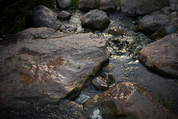 Water runs over the rocks. Rocks in the park. Mountain current.