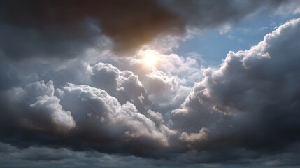 Fototapeta premium Dramatic sky with dark turbulent clouds parting to reveal the bright midday sun showcasing atmospheric power and natural beauty