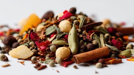 Colorful assortment of spices and herbs piled together on a plain background with rich textures and aromas