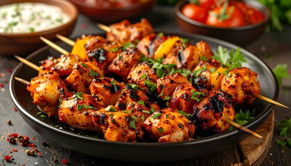 Fototapeta premium Delicious Chicken Skewers with Herbs and Spices on a Dark Plate.
