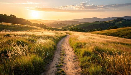 Fototapeta premium Winding Dirt Path Through Sunlit Grassy Hills at Golden Hour with Distant Hazy Mountains and Soft Clouds