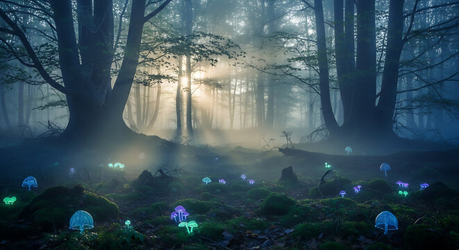 Enchanted forest with glowing mushrooms and sunbeams