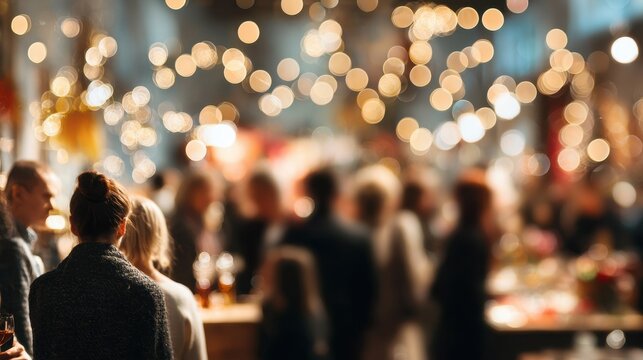 Festive evening gathering filled with joyful conversations and warm lights during a social celebration in a vibrant setting - Powered by Adobe
