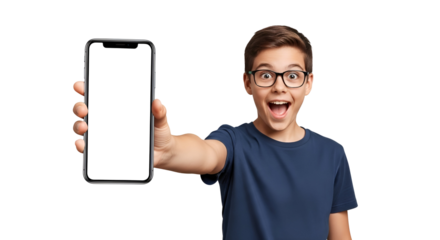 Excited Boy Holding Smartphone with Blank Screen Display Against Transparent Background Showcase Your App or Design with Joyful Energy Perfect for Digital Marketing or Technology Product Promotion
