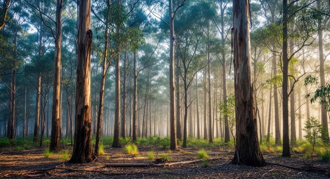 A serene forest scene with tall eucalyptus trees and a misty atmosphere. - Powered by Adobe