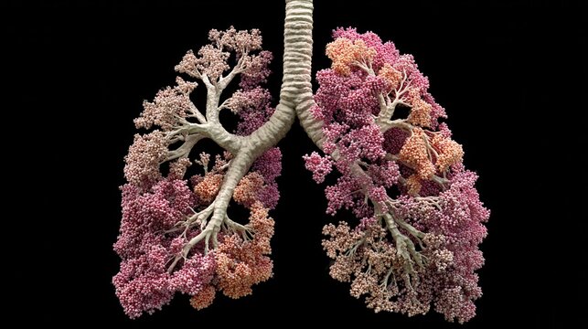 Pulmonary tuberculosis impacts both lungs with infiltrative areas caused by Mycobacterium, showcasing lung structure altered by disease