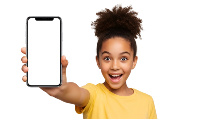 Enthusiastic young girl presenting blank smartphone screen with transparent background offering digital platform space for advertising and app promotion showcasing technology and social media