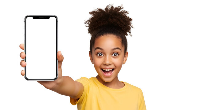 Enthusiastic young girl presenting blank smartphone screen with transparent background offering digital platform space for advertising and app promotion showcasing technology and social media - Powered by Adobe