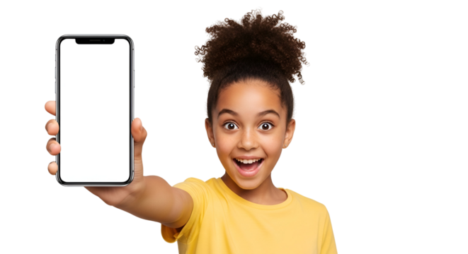 Enthusiastic young girl presenting blank smartphone screen with transparent background offering digital platform space for advertising and app promotion showcasing technology and social media