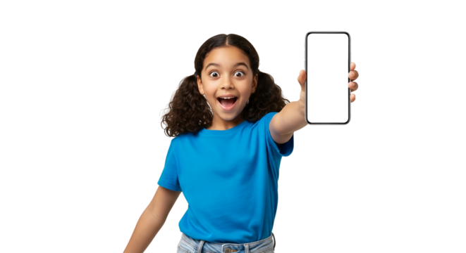 Excited young girl presenting mobile phone with blank white screen against transparent background Happy child showcasing new app technology on smartphone for advertisement promotion content Isolated