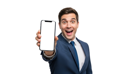 Excited Businessman Holding Phone with Blank Screen Isolated on Transparent Backdrop for App Promotion Mobile Technology Mockup Smartphone Display Showing New Gadget Presentation Screen Advertisement