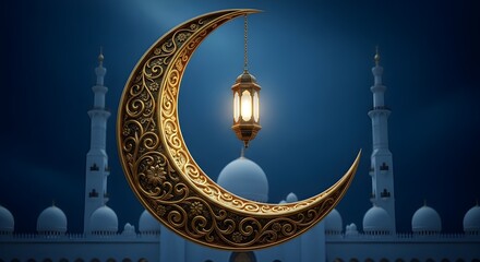 Golden Crescent Moon Lantern Over Mosque