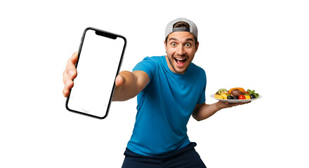 Excited man presents food on plate and mobile phone app with transparent background promoting healthy meal delivery service concept showing blank screen for website or advertisement ideal for social