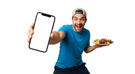 Excited man presents food on plate and mobile phone app with transparent background promoting healthy meal delivery service concept showing blank screen for website or advertisement ideal for social
