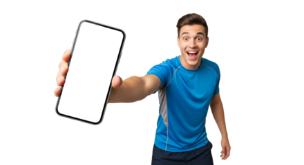 Surprised athletic man showcasing a smartphone with a blank white screen on a transparent background for mockup advertisement energetic display excited person with mobile phone promotion and digital