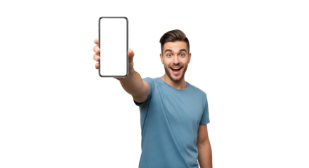 Excited Man Presenting Mobile App on Transparent Background Young Male Holding Smartphone with Blank Screen for Advertising and Marketing Mobile Technology and Communication Showcase New Application