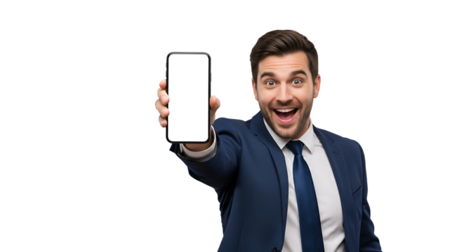 Excited Businessman Presenting Smartphone with Blank Screen on Transparent Backdrop Demonstrating New App Smiling Man in Suit Displaying Phone Innovation Display Isolated on Black Template