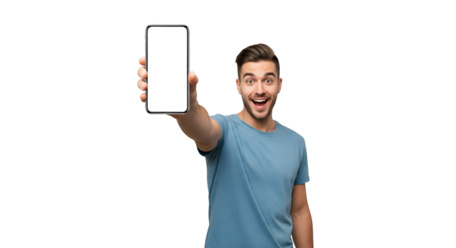 Excited Man Presenting Mobile App on Transparent Background Young Male Holding Smartphone with Blank Screen for Advertising and Marketing Mobile Technology and Communication Showcase New Application