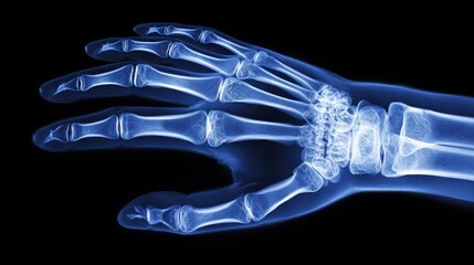 Naklejka premium Detailed view of human adult hand bones in a radiographic examination showcasing skeletal structure and arrangement
