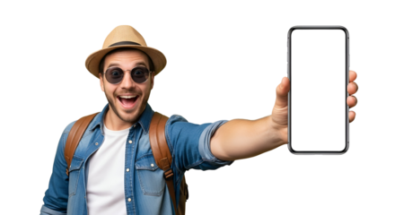 Enthusiastic Traveler Shows Mobile Phone with Transparent Background Man Wearing Hat Sunglasses and Backpack Presenting Blank Smartphone Screen for App Promotion Travel Technology Concept