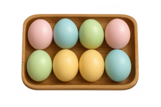 Pastel easter eggs in wooden tray celebrating spring