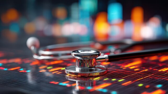 Stethoscope rests on colorful digital health data highlighting the connection between technology and medical practice in modern healthcare