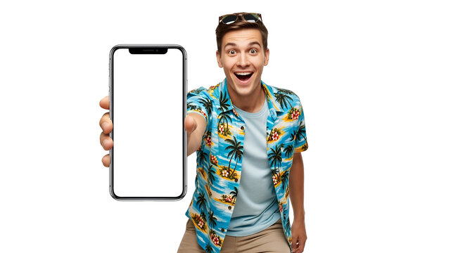 Excited man presenting blank phone screen for advertising promotion against transparent background ideal for digital marketing showcasing app features or mobile technology solutions with a tropical - Powered by Adobe
