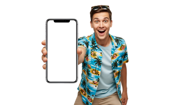 Excited man presenting blank phone screen for advertising promotion against transparent background ideal for digital marketing showcasing app features or mobile technology solutions with a tropical
