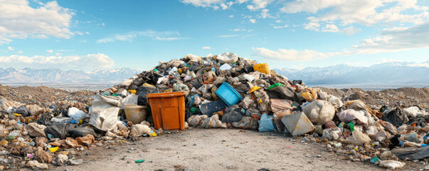 Desolate landfill with large garbage pile of plastic waste. An overwhelming scene of environmental pollution and neglect