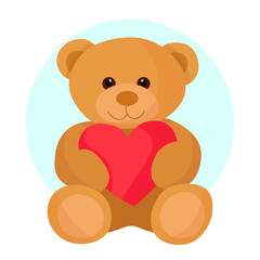 Cute brown bear toy with a red heart kids character Present for valentine's day flat illustration
