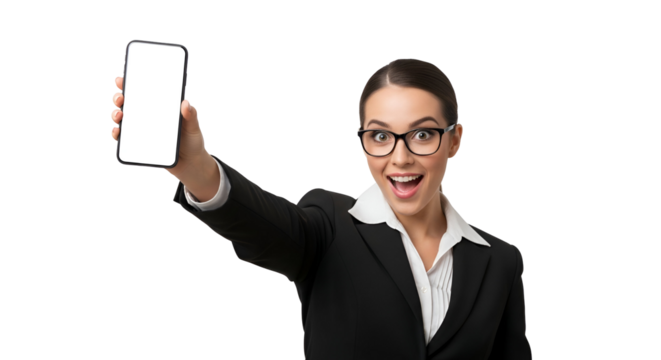 Enthusiastic Businesswoman Presenting Blank Smartphone Screen on Transparent Backdrop Captivating Display of Modern Technology Showcasing Mobile App Potential for Corporate Presentations and Digital