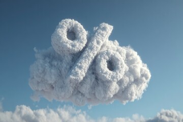 Fluffy percent sign made of clouds floats in blue sky. Lightness, imagination, finance, dreamy economy concept.