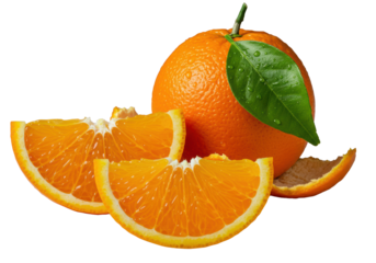 Glistening, juicy, freshly cut orange half, dewy droplets, next to partially peeled orange, zest, pith, green leaf, on transparent bokeh, macro, chiaroscuro, concept of fresh citrus fruit