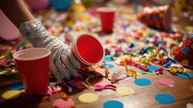 Gloved hand collects red party cups amidst colorful confetti and polka dot hats in a festive celebration scene