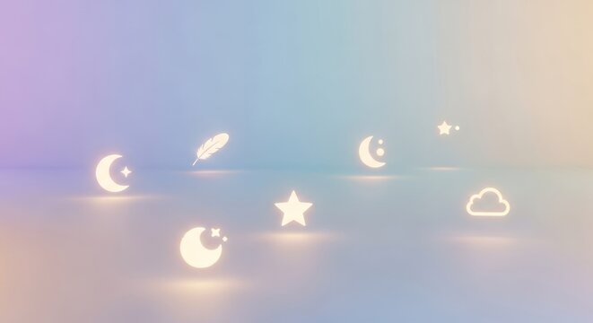A serene night sky with a crescent moon, a feather, a star, and a cloud, set against a gradient background.