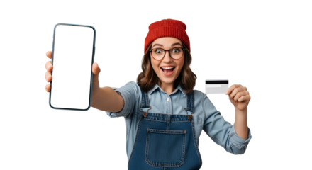 Enthusiastic woman showing phone mockup and credit card for online banking app promotion with transparent background happy girl with mobile device display and purchasing power offering financial